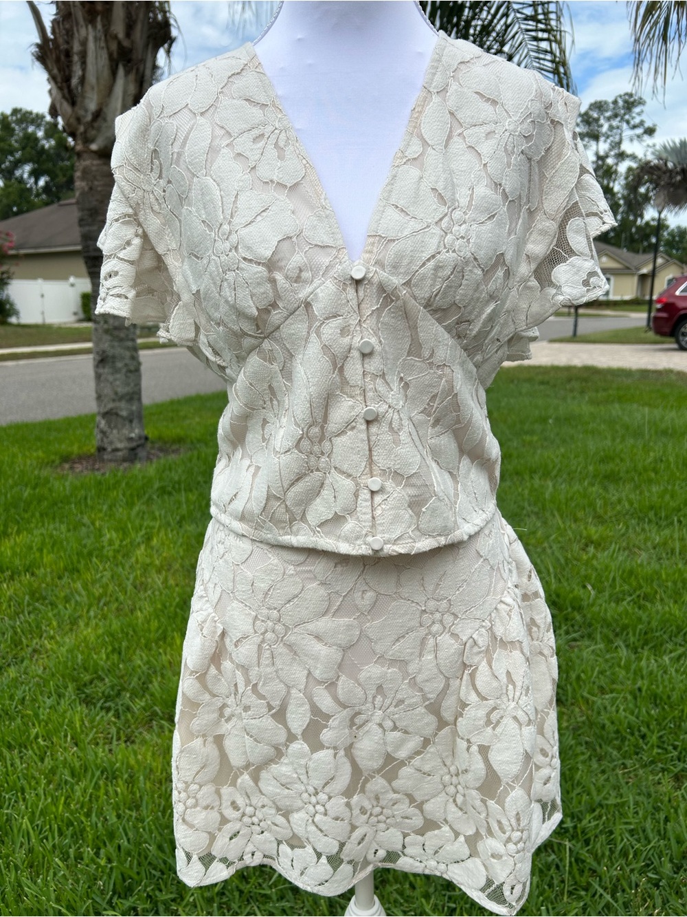 NWT🌷EXPRESS Lace Floral V-Neck Flutter Sleeve Top & Mini Skirt - Picture 2 of 15